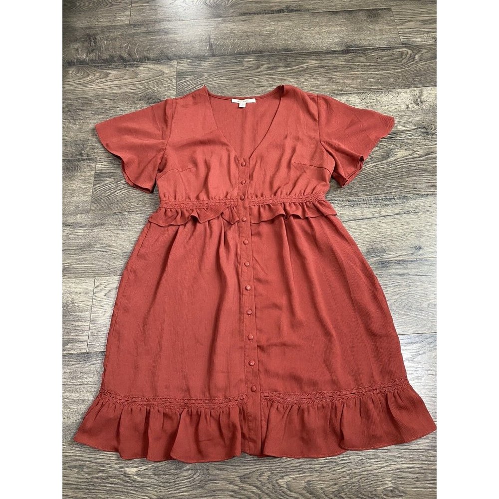Womens Miami V Neck Ruffle Button Down Dress Rust Color Size S